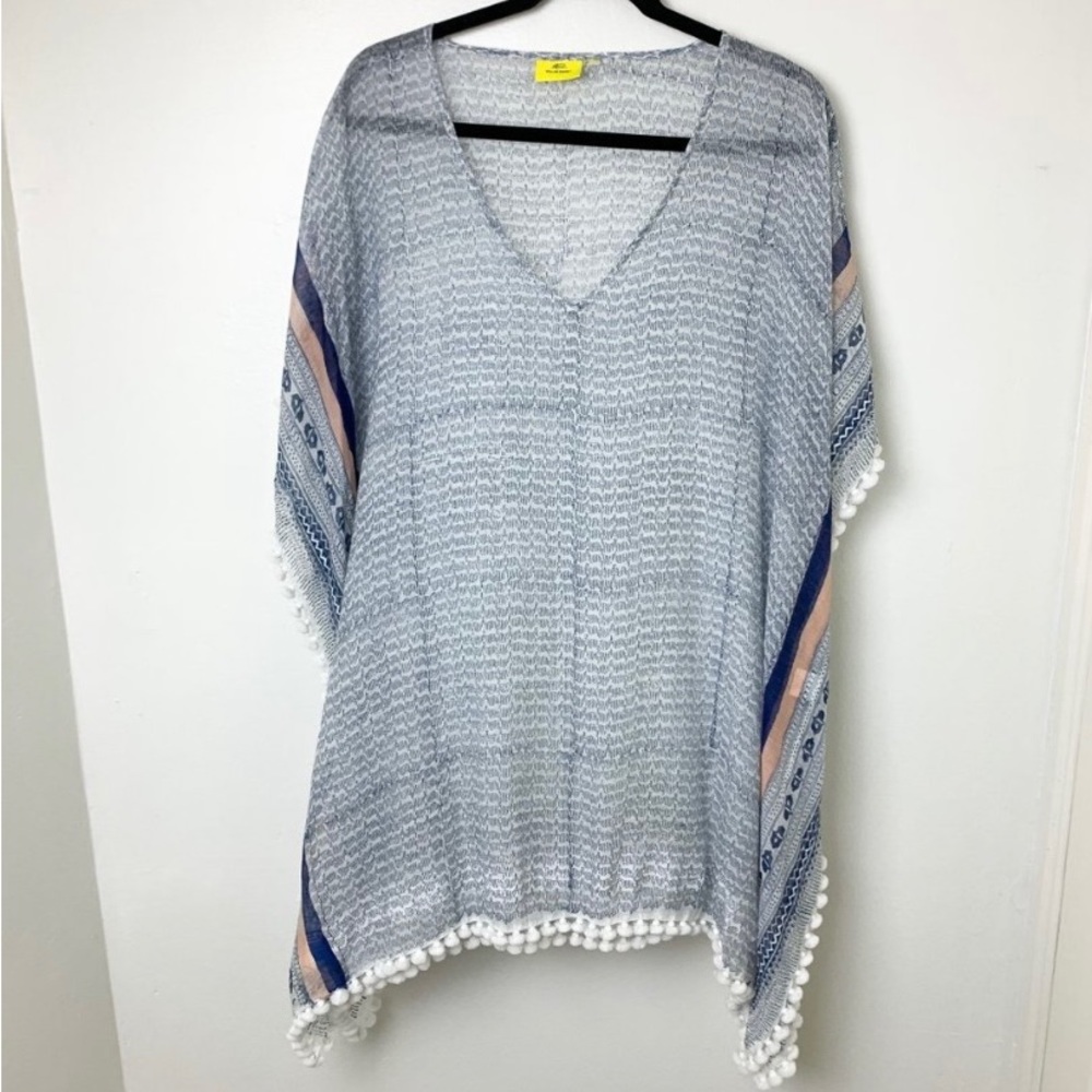 Roberta Roller Rabbit swim tunic cover-up blue print pink stripe pom pom trim